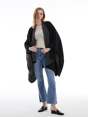 MissShorthair Women's Printed Shawl Wrap Fashionable Open Front Poncho Cape, Gift for Women - color: B-gray Black
