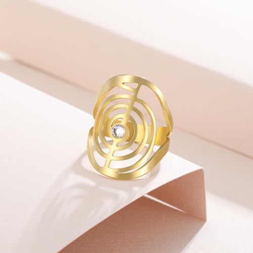 Dreamtimes Cho Ku Rei Reiki Ring Protection Healing Symbol Yoga Rings For Women Sacred Geometry Stainless Steel Energy Yoga Power Ring Sacred Geometry Amulet - color: Gold