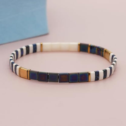 Tila Beaded Stretch Strand Bracelets for Women, Cute Boho Stackable Handmade Colorful Mixed Flat Square Beads Elastic Beach Surfer Bracelet Trendy Jewelry Friend Gift - color: 0901A