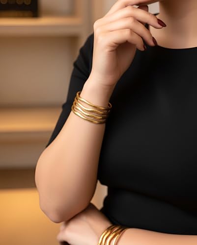 POTESSA 18K Gold Plated Cuff Bracelets Adjustable Dainty Bangle Handemade Jewelry for Women - style: Wide Wave
