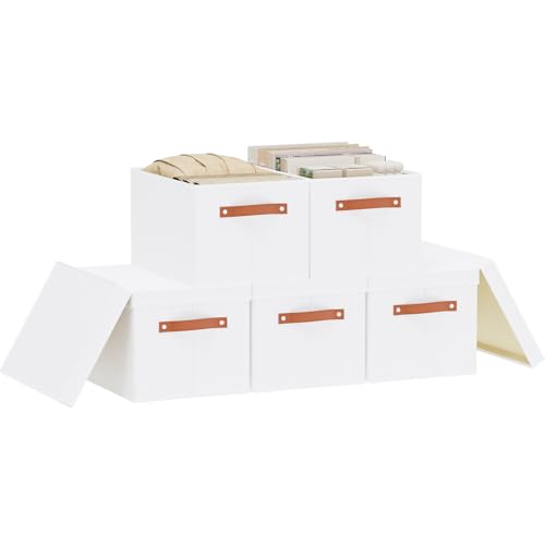 5 Pack Storage Baskets, Storage Boxes with Lids, Closet Organizers with Handles for Shoes Towels Books, White, 16.5 x 11.8 x 10.2 Inch - color: White, size: Large（5 Pack）