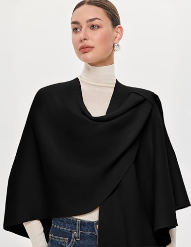 PULI Womens Large Cross Front Poncho Sweater Wrap Topper Knitted Elegant Shawls Cape for Fall Winter - color: Extra Warm Black