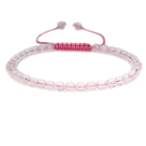 Keleny Natural Gemtones 4mm Round Beads Crystal Adjustable Braided Macrame Tassels Bracelets Unisex - color: Pink