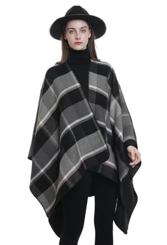 Shawl Wraps for Women, Elegant Knitted Cape Open Front Poncho Scarf Blanket Cardigan Coat for Spring, Autumn, and Winter - color: Gray Black Khaki