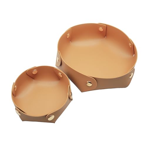 Round PU Leather Storage Box, Leather Jewelry Storage Box, Simple Fashion Design Storage Basket 2 Packs (Large Size and Small Size) (The Color Of Ginger)