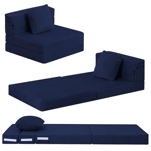 MeMoreCool Foldable Futon Chair Bed for Kids, Toddler Sofa Mattress, Convertible Foam Floor Couch, Tri-fold Sleeping Mattress (Navy) - color: Navy
