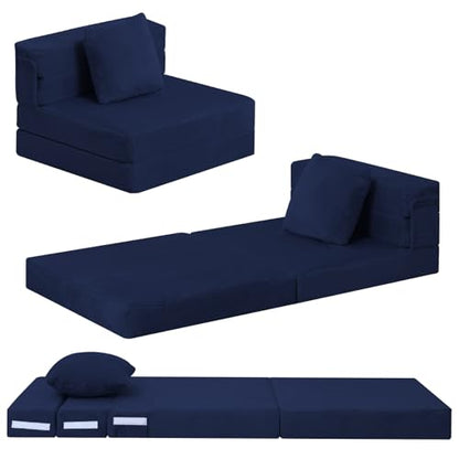 MeMoreCool Foldable Futon Chair Bed for Kids, Toddler Sofa Mattress, Convertible Foam Floor Couch, Tri-fold Sleeping Mattress (Navy) - color: Navy