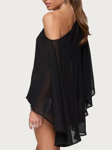 Women Chiffon Cape Shawls and Warps for Evening Dress Wedding Sheer Mesh Flowy Capelets Top - color: A-black, size: Small