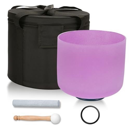 432HZ 8 Inchs B Note Purple Frosted Crystal Singing Bowl for Meditation Healing Yoga Chakra Quartz Crystal Sound Bowls with Heavy Duty Carry Case and Rubber Mallet,Suede Striker,O-ring