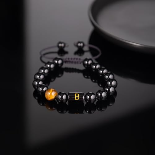 FRG Initials Bracelets for Men Letter Link Handmade Natural Black Onyx Tiger Eye Stone Beads Braided Rope Meaningful Bracelet - style: Braided rope-A