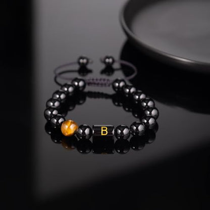 FRG Initials Bracelets for Men Letter Link Handmade Natural Black Onyx Tiger Eye Stone Beads Braided Rope Meaningful Bracelet - style: Braided rope-A