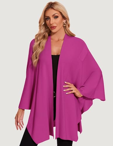PULI Womens Elegant Cross Front Shawl Wraps Knitted Ponchos Cape Light Weight Poncho Sweater Soft Warm Travel Wraps - color: Hotpink