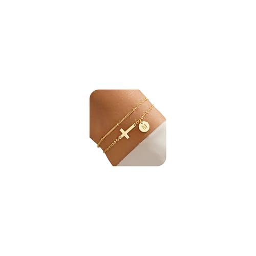 M MOOHAM Layered Initial Cross Bracelets for Women Teen Girls - 14K-Gold-Plated Disc Letter A-Z Cross Bracelet Jewelry Christian Gifts for Women Baptism Confirmation Gift for Teen Girls - color: M