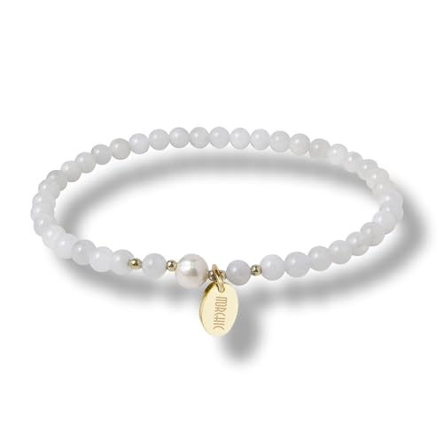 4mm Natural Gemstone Beads Stretch Bracelet for Women, With Freshwater Pearls, Energy Gem Birthday Gift for Her 7.2” - color: Moonstone