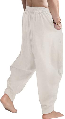 CLANMILUMS Men's Cotton Harem Pants Casual Loose Hippie Drop Crotch Trouser - color: Beige, size: XX-Large