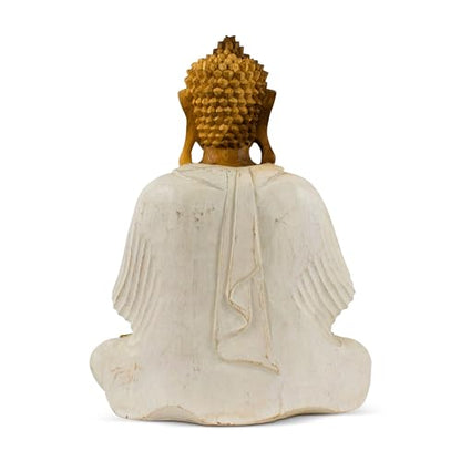 G6 Collection Wooden Serene Sitting Buddha Statue Handmade Meditating Sculpture Figurine Home Decor Accent Wood Hand Carved Modern Contemporary Oriental Buddha Anjali Mudra (8" Tall – Whitewashed)