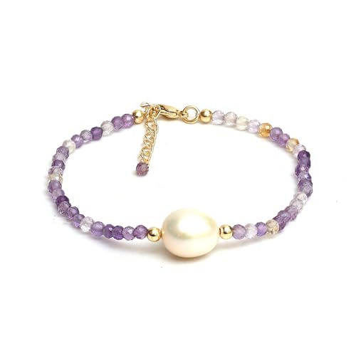 Gempires Handmade Beaded Crystal Bracelets with Freshwater Pearl Gemstone Jewelry Hypoallergenic 7.5 Inch Gold Plated Everyday Wear Bracelet Gifts