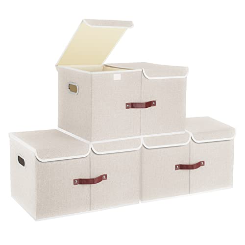TYEERS Extra Large Collapsible Storage Bins with Lids and Compartments, Washable, Fabric Storage Boxes, 21.7x13x11.8 inches, 3 Pack, Beige - color: Beige, size: 3-Pack 21.7x13x11.8 in