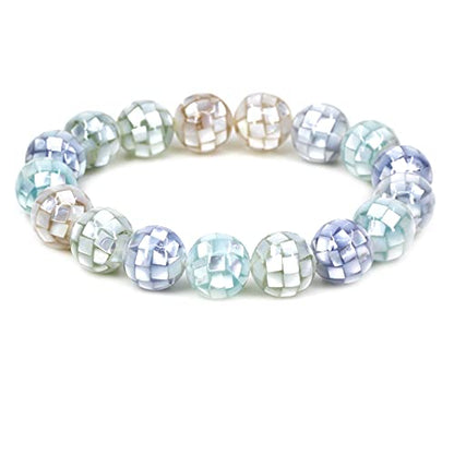 Keleny Semi Precious Stones Natural Gemstones 12mm Round Beads Crystal Stretch Bracelets 7 Inch Unisex - color: Mosaic Mix Shell