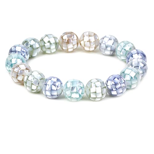 Keleny Semi Precious Stones Natural Gemstones 12mm Round Beads Crystal Stretch Bracelets 7 Inch Unisex - color: Mosaic Mix Shell