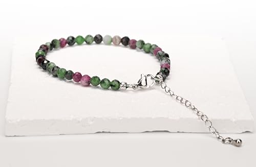 Crystal Bracelet for Women, Natural 4mm Faceted Beads Adjustable Bracelet, Small Beaded Healing Gemstone Bracelet - color: Ruby in Zoisite