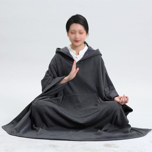 Winter Meditation Robe Buddhist Hooded Cloak Capes Warm Fleece Lined Oversize Coat with Pockets - color: Gray, size: Large