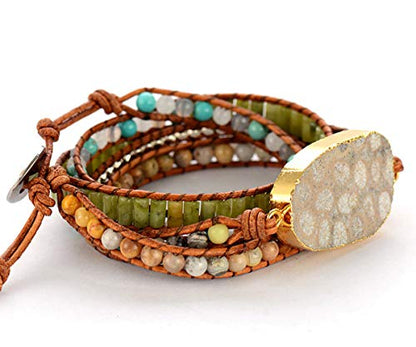 Boho Wrap Bracelet for Women, Handmade Natural Imperial Jasper Multi-Layer Stone Beaded Bracelet, Bohemian Healing Crystal Stone Jewelry Gifts - color: Agalmatolite