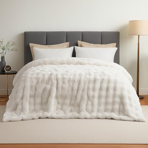 Amélie Home Faux Fur Throw Blanket for Bed, Ultra Soft Fuzzy Plush Bubble Blanket for Bedroom & Bed Decor, 108"x90", Cream White - color: Cream White, size: 108" x 90"