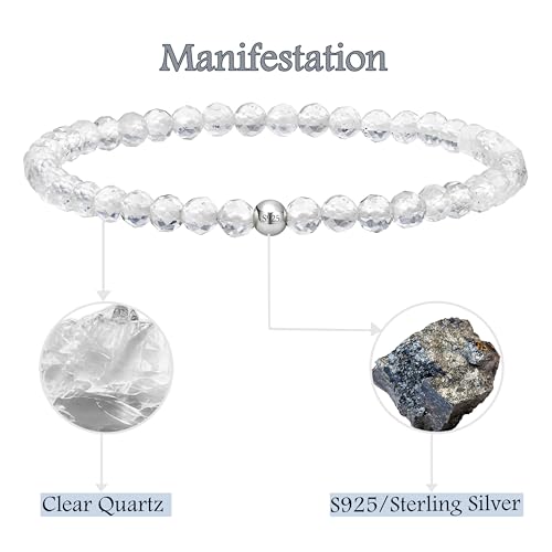 Farfume Tiny Bead Bracelets for Women, Handmade Natural Stone 4mm Beads 925 Sterling Silver Dainty Stretch Bracelets, Chakra Crystal Gemstone Jewelry Gifts - color: Clear Quartz (Stone of Manifestation), size: Medium 7.3-7.5 inch
