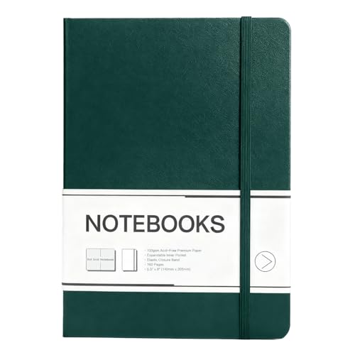 M&G Dotted Journal Notebook, 160 Pages, A5 Medium Size 5.6" x 8" for Men Women, 100GSM Thick College Ruled Paper Bullet Journal for Note Taking, Work & Office, Leather Hardcover, Green - color: Green, style: Dotted
