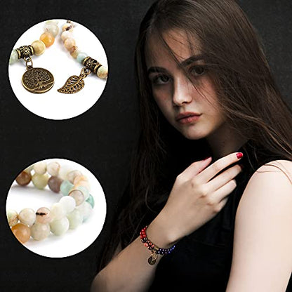 Bivei Natural Semi Precious Gemstone beads bracelet for women - Life Tree and Leaf Charm Energy Reiki Crystal Stretch Bracelets - color: Amazonite Bracelet Set, size: Medium:6.8-7.24inch