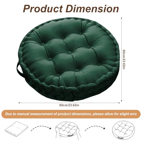 Meditation Floor Pillow, 23.6" Round Thick Cushion with Handle, Velvet Floor Cushion Seat Cushion for Yoga Living Room Tatami, Meditation Cushion for Adults, Dark Green