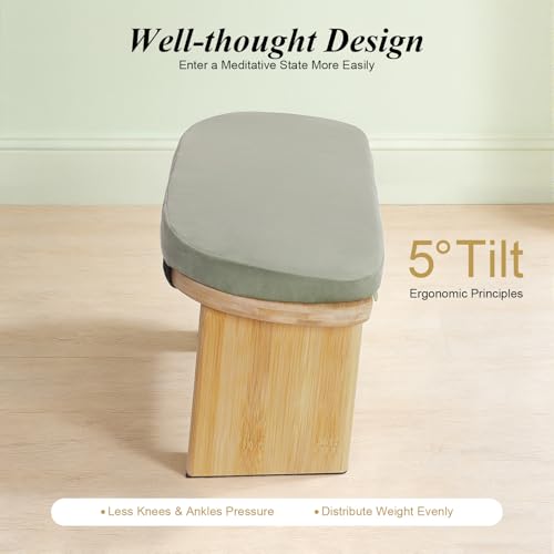 Foldable Meditation Bench with Cushion,Bamboo Meditation Stool,Portable Kneeling Stool,Prayer Bench,Green,Wood Color - color: Green,wood Color