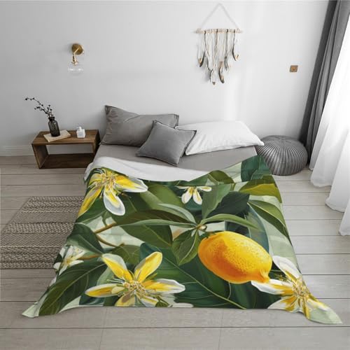 Yellow Lemon Flower Prints Throw Blanket (320g Flannel) Anti-Pilling Warm Fuzzy Blankets for Bed Sofa Couch Travel 40x30 Inch - color: Yellow Lemon Flower, size: 40x30 Inch