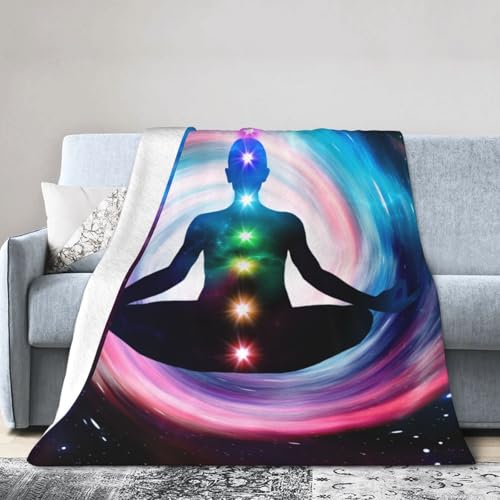 Space Meditation with Glowing Chakras Premium Flannel Blanket - Lightweight Throw for Bed & Sofa, Double-Sided Geometric Print80 X60 - size: 80"x60"