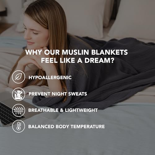 Goqan Muslin Blanket King Size 90x108 – 100% Turkish Cotton 4 Layer Boho Muslin Blanket for Adults, Four Season, Lightweight and Thin, Soft, Breathable - Dark Grey - color: Dark Grey, size: King (90"x108")