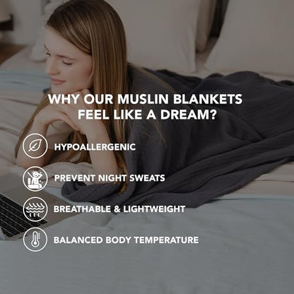 Goqan Muslin Blanket King Size 90x108 – 100% Turkish Cotton 4 Layer Boho Muslin Blanket for Adults, Four Season, Lightweight and Thin, Soft, Breathable - Dark Grey - color: Dark Grey, size: King (90"x108")