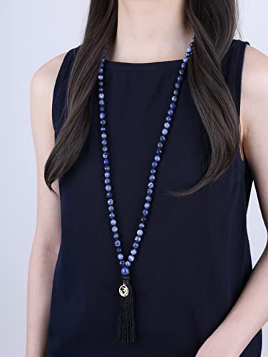 COAI OM Charm Hand Knotted Tassel 108 Mala Beads Necklace - color: Faceted Sodalite, size: 8mm