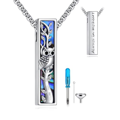 Cremation Urn Necklaces for Ashes Sterling Silver 3D Vertical Bar Memorial Pendant for Loved Ones Keepsake Cremation Jewelry Gifts for Women Men - style: Owl&Tree of Life