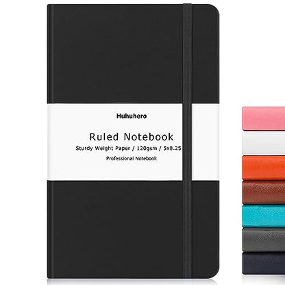 Huhuhero Lined Journal Notebooks for Work, Hardcover Leather Journals for Writing Women Men, 120Gsm Thick Paper College Ruled Notebook, Office School Supplies, 5.25"×8.25" (1, Matte Black) - color: black