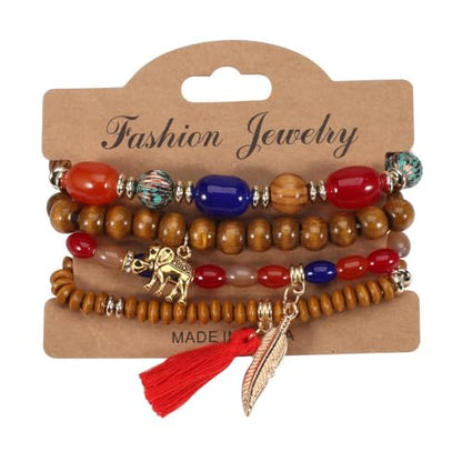 Caiyao 4Pcs Bohemia Multilayer Stackable Elephant Leaf Tassel Bracelets Colorful Wooden Resin Beaded Stretch Bracelets for Women Men Summer Beach Boho Vacation Hawaii Jewelry Gifts - style: StyleB