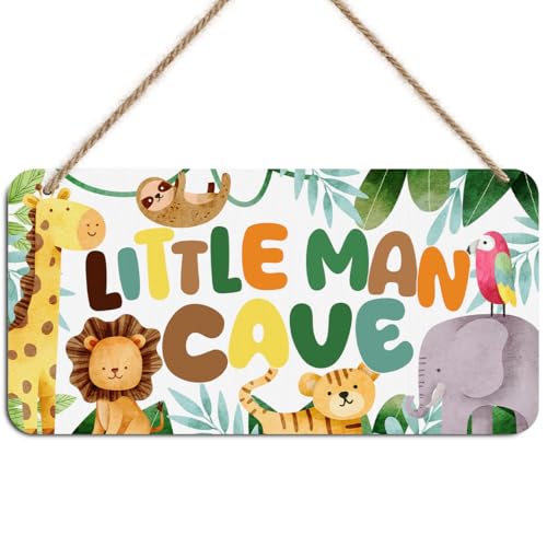 Little Man Cave Sign for Boys Jungle Animal Wooden Door Sign Wall Decor Woodland Nursery Baby Room Decor Rustic Wooden Hanging Sign Wall Hanging Bedroom Toddler Boy Room Gamer Room Decor for Boys - color: Multi0458