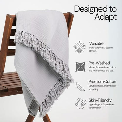 Salt Earth 100% Cotton Muslin Throw Blanket, Gauze Blanket 50"X60" Throw with Tassel 4 Layered for Couch, Bed, Living Room, Lightweight & All Seasons Blankets & Throws, Skin Friendly(Scottish Grey) - color: Scottish Grey, size: 50"X60" Throw
