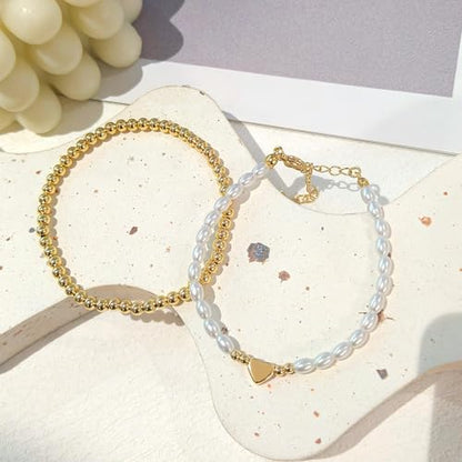 Zeffy Gold Pearl Beaded Bracelet for Women, 14K Gold Plated Jewelry Set With Paperclip Link Chain, Trendy Stack Bracelets - style: 2PCS Heart Beaded Bracelets