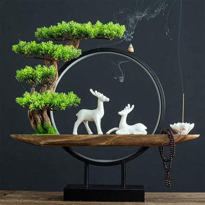 Ceramic Deer Statue Backflow Incense Burner，Circle LED Ring Light，Green Artificial Tree Welcome Pine， Meditation Statues for Home Decor