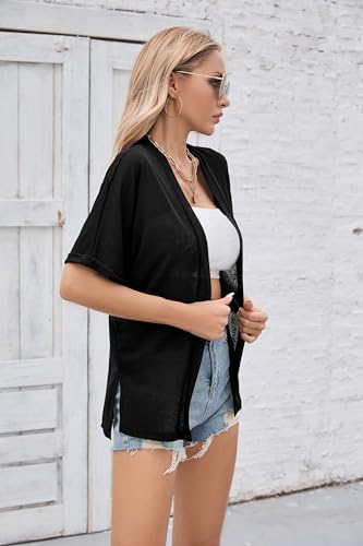 Iandroiy Women's Lightweight Open Front Cardigans Casual Short Sleeve Blouse Tops - color: A-04 Black, size: Large