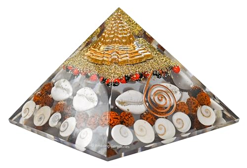 Amazing Gemstone Laxmi Yantra Orgone Pyramid Gomati Chakra, Rudraksha, Cowrie Kodi Maha Laxmi Pyramid Crystals and Healing Stones - Authentic Orgonite & Organite Gifts for Home Vastu Stone - color: Laxmi Yantra Pyramid