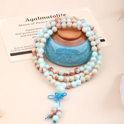 AD Beads 6mm 8mm 108 Prayer Mala Jasper Elastic Bracelet - Handmade Yoga Meditation Healing Power Energy Gifts for Unisex Adult. - color: Agalmatolite (Peace)