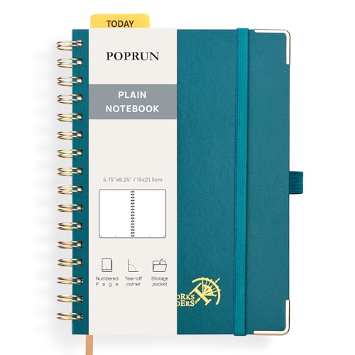 POPRUN Blank Spiral Journal Notebook, A5 Hardcover Sketch Books, 141 Pages Unlined Journals for Women Men, 120 GSM Plain Notebooks for Sketching, Drawing, Painting, 5.75'' x 8.25'', Pacific Green - color: Pacific Green, style: Plain