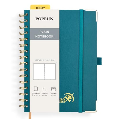 POPRUN Blank Spiral Journal Notebook, A5 Hardcover Sketch Books, 141 Pages Unlined Journals for Women Men, 120 GSM Plain Notebooks for Sketching, Drawing, Painting, 5.75'' x 8.25'', Pacific Green - color: Pacific Green, style: Plain